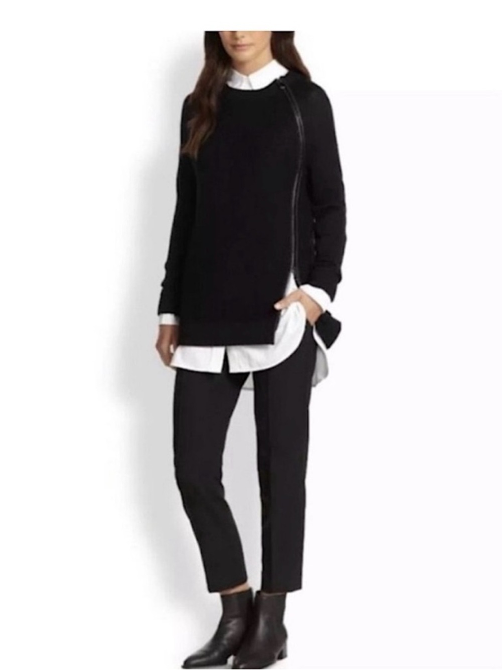 NWT  Vince Women’s XL Black Wool Leather Trim Zip Textured Sweater Waffle